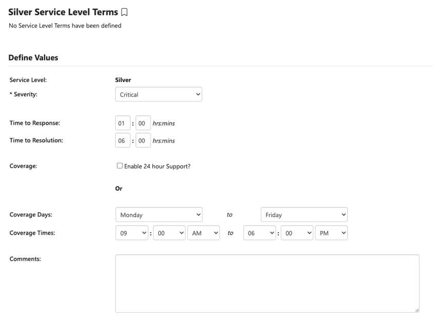 Service Level Terms configuration