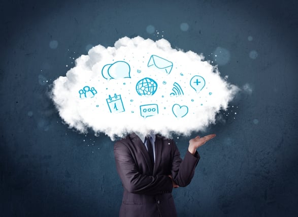 Man in suit with cloud head and blue icons on grungy background-1