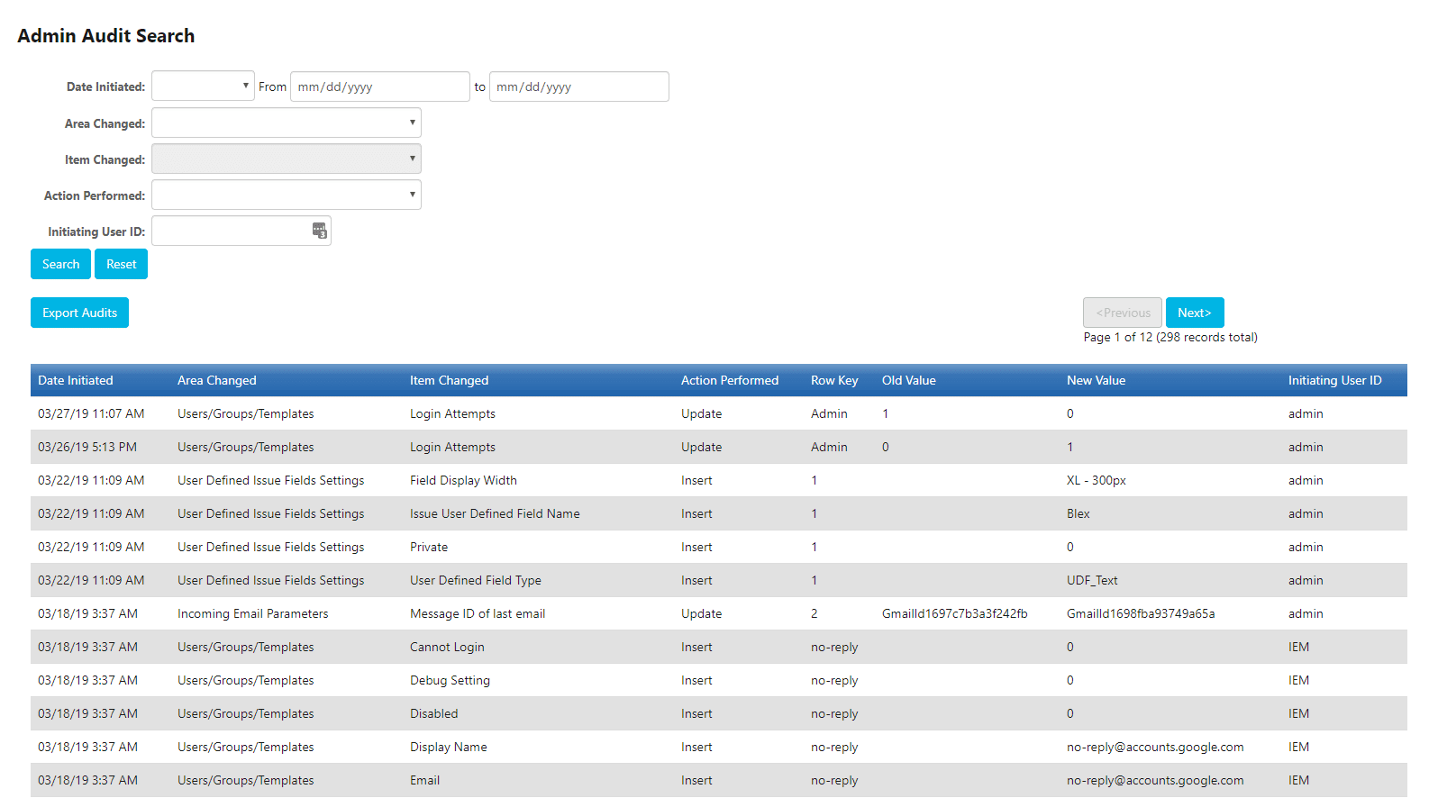 Admin Auditing search screen within Issuetrak