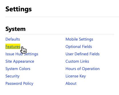 Features Link in Issuetrak's Settings Menu