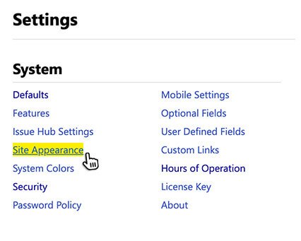 Site Appearance Link in Isseutrak Settings Menu