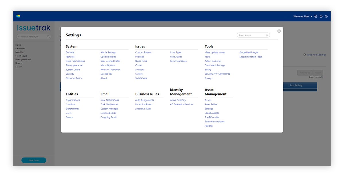 The New Issuetrak Settings Menu