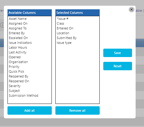 Issue Hub Edit Columns pop-up window