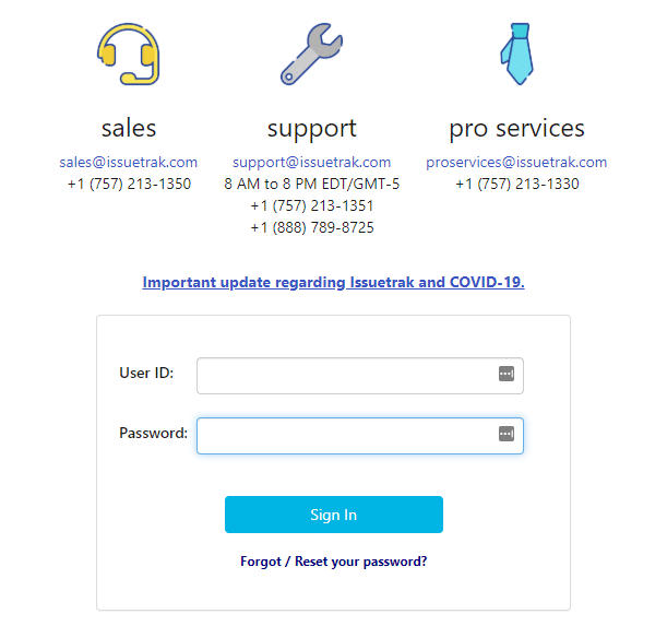 Issuetrak Support Login Screen